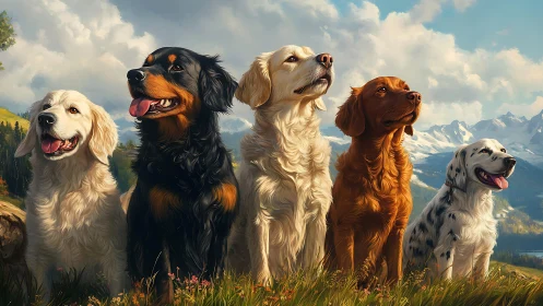 Mountain dog choir gazes skyward in sunlit alpine meadow.