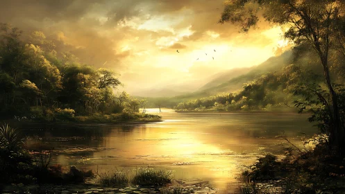 Golden sunset light glows across tranquil forest lake