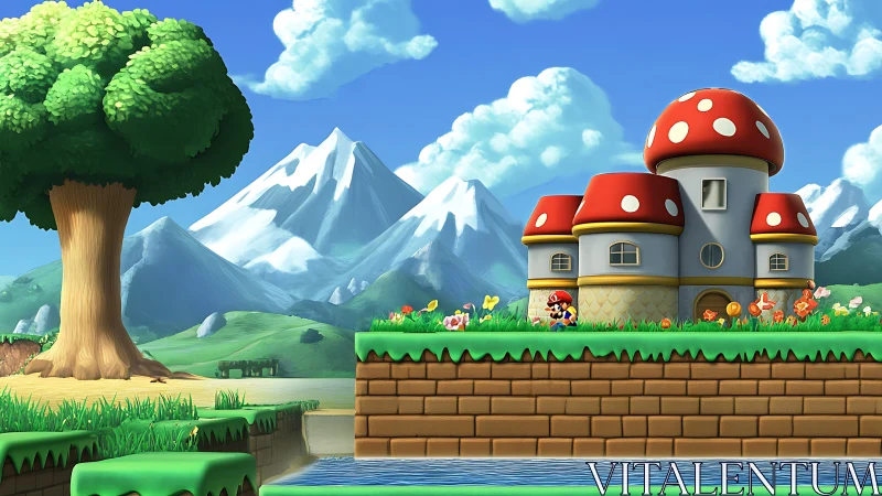 Cheerful mushroom house and hero in a sunny valley landscape.
