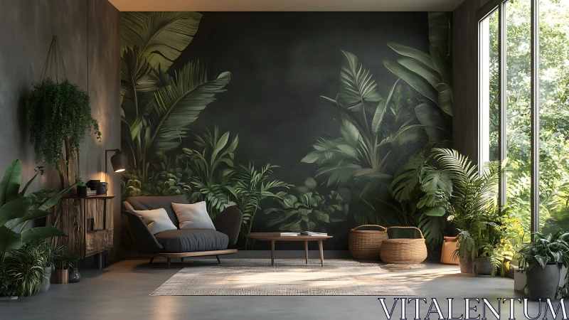 Biophilic living room with large botanical mural and soft daylight.