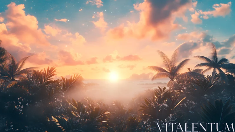 Tropical sunrise over misty palms and dense foliage scene.