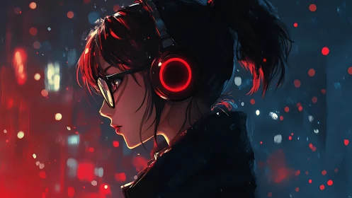 City lights glow softly around a focused girl in red headphones