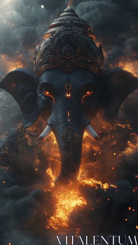 Fiery elephant deity emerges through stormlit smoke