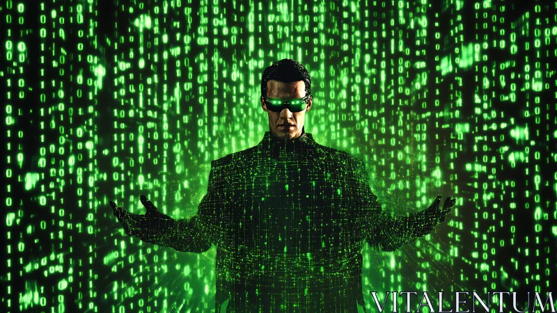Man in digital code matrix with green binary data field.