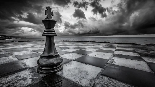 Monochrome king chess piece on wet coastal board under storm