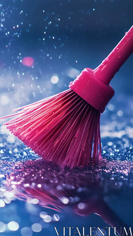 Pink cleaning brush on wet reflective surface in blue light.