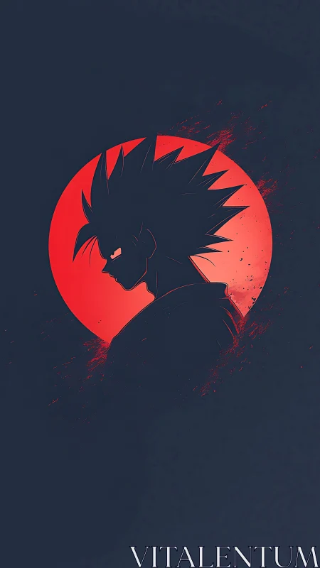 Moody anime warrior silhouetted against a red moon.