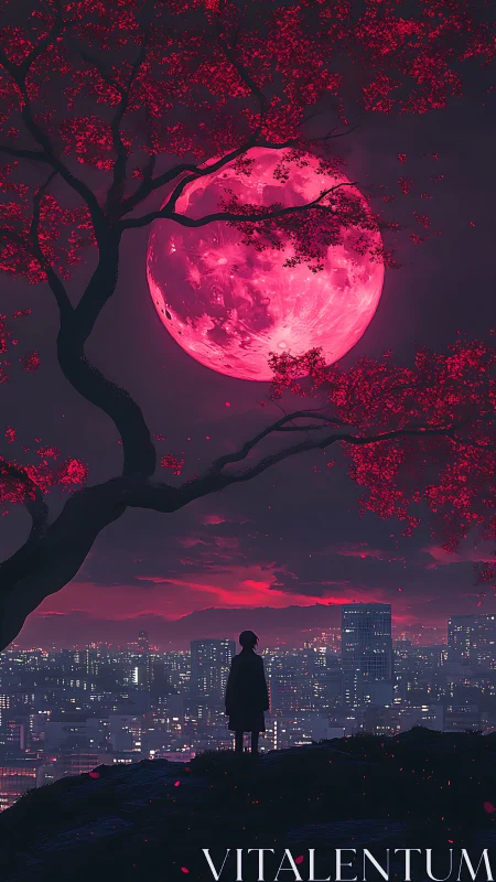 Silhouetted dreamer watches crimson moon rise above neon city