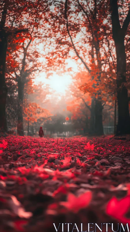 Sunlit autumn path where scarlet leaves invite slow steps.