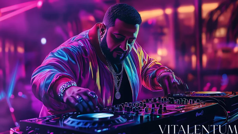Neon lit DJ mixing tracks in a vibrant nightclub scene.