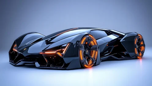 Ultralow hypercar concept with neon orange illuminated aero wheels