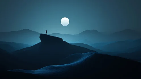 Solitary figure stands on dark ridge under bright full moon
