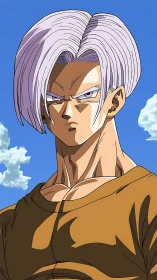 Cel-shaded anime portrait with hard-edged lighting and sky backdrop