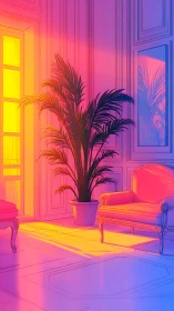 Neon sunset light over palm and armchair in ornate salon.