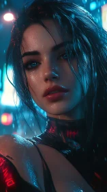 Cybernetic woman in neon city rain, close-up portrait view.