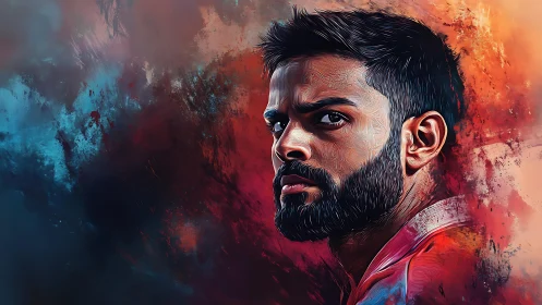 Intense bearded portrait emerges from vivid abstract colors.