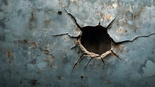 Rusted metal wall cracked open into a mysterious dark void.