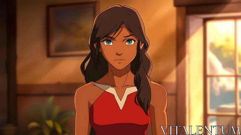 Focused anime heroine in warm backlit interior environment.