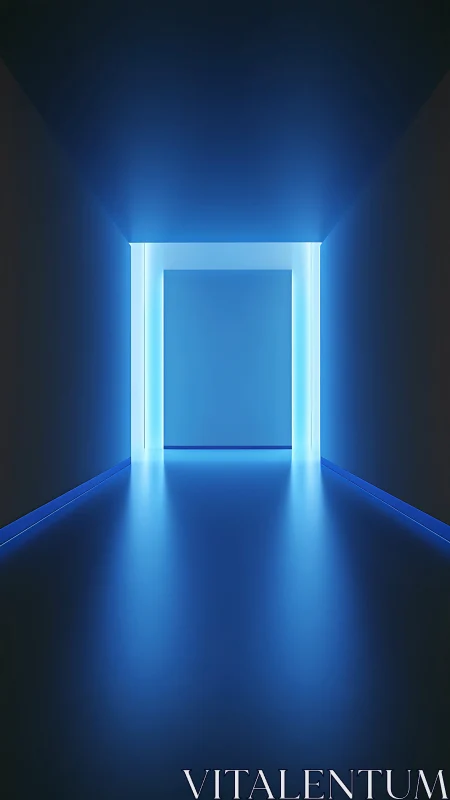 Glowing blue portal hallway inviting you toward quiet wonder.