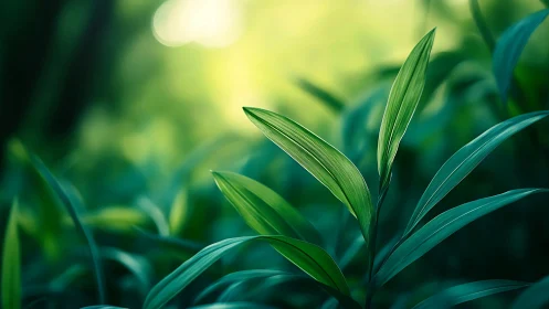 Lush green leaves under soft bokeh forest sunlight.
