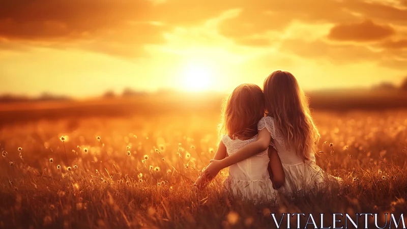 Two Girls Embracing in Golden Sunset Field of Flowers