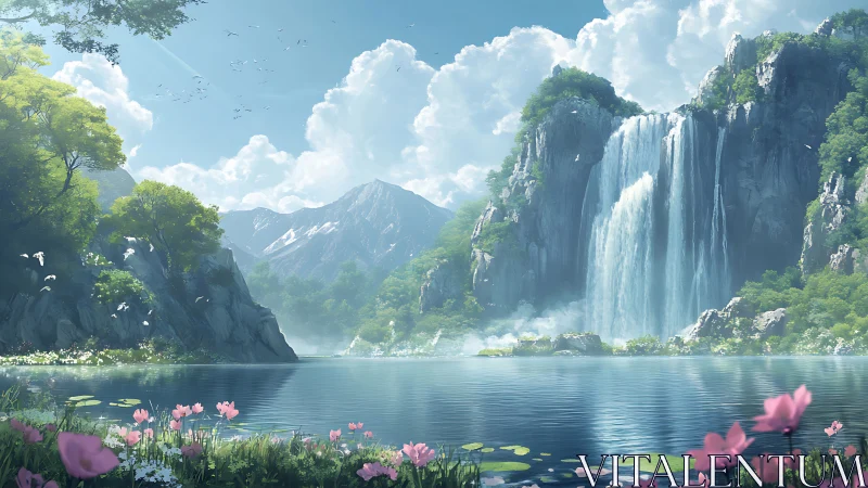 Digital landscape shows waterfall, lake and distant mountains