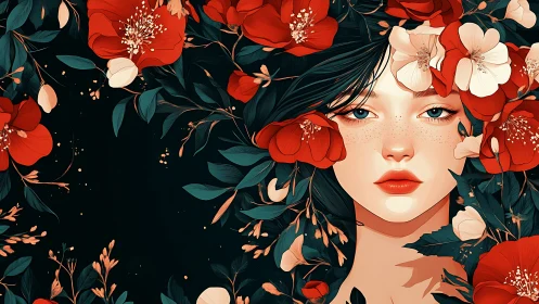 Digital portrait of woman framed by stylized red blossoms