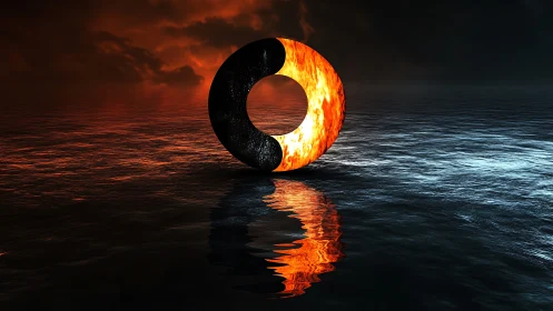Fiery yin yang ring over reflective dark ocean horizon.