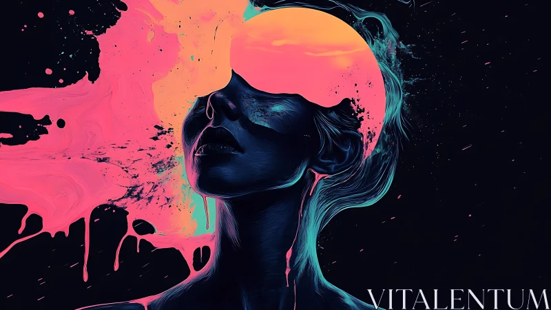 Surreal neon portrait merges human figure with glowing sun