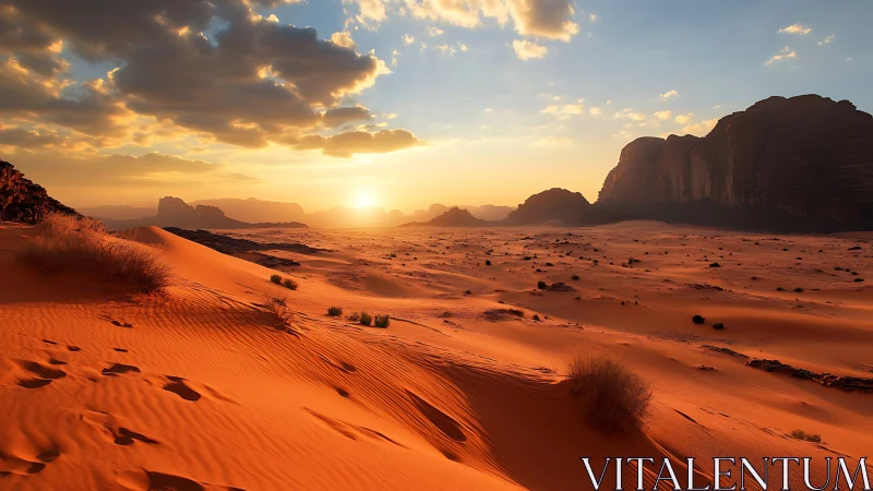 Golden desert dunes glow under low sun beyond rocky cliffs