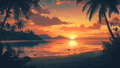 Sunset lagoon glows beneath flaming clouds and shy palms.