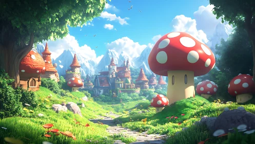 Mushroom structures in stylized valley village landscape.