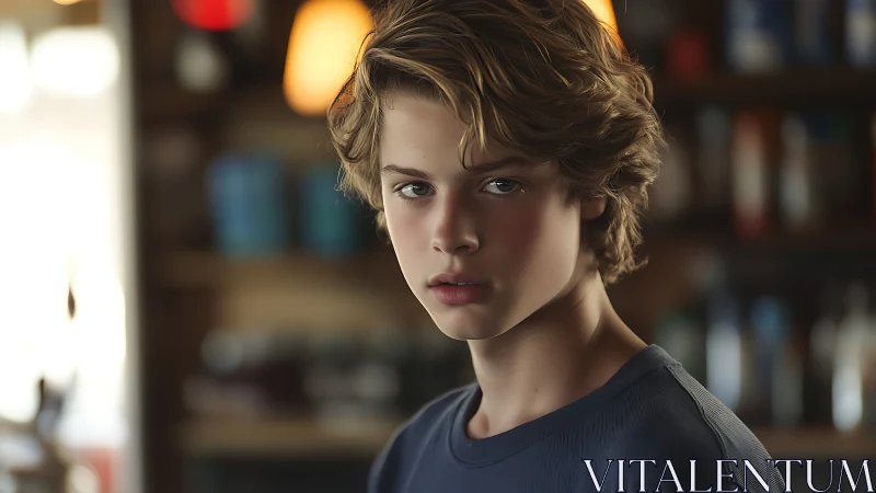 Moody boy portrait in softly lit indoor setting.