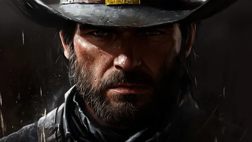 Grit-textured cowboy portrait rendered in dramatic chiaroscuro lighting