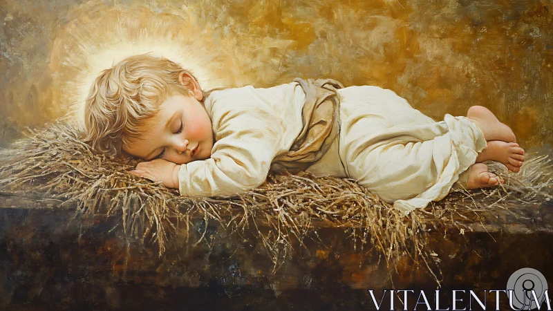 Luminous child slumbers in straw, haloed by tender golden light.