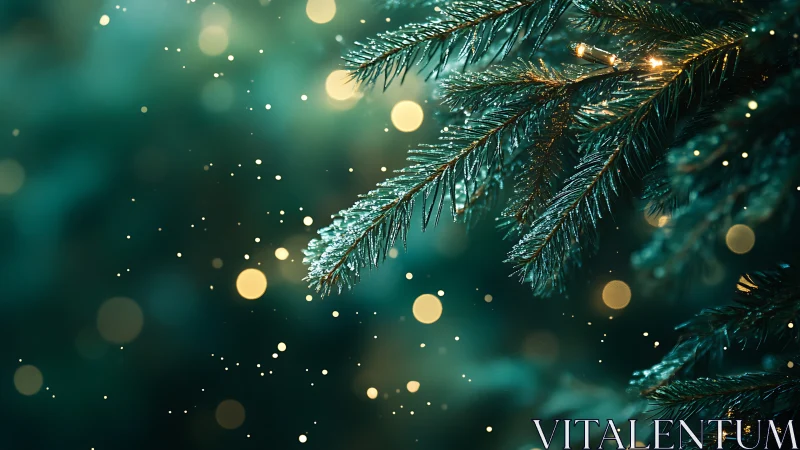 Evergreen branches with lights are captured in shallow focus