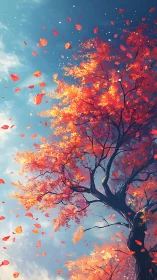 Digital painting of wind-swept autumn tree with dynamic foliage.
