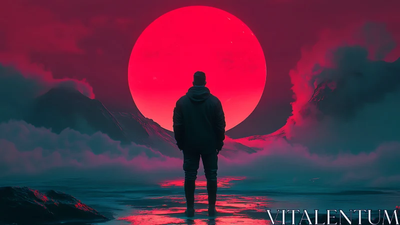 Solitary figure surveys neon red sun over fogged alien seascape