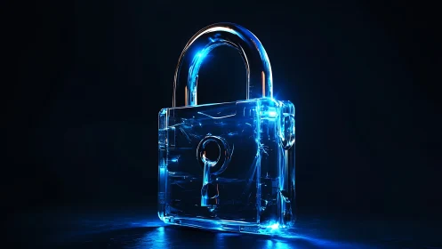 Glowing glass padlock shining with calm digital security.