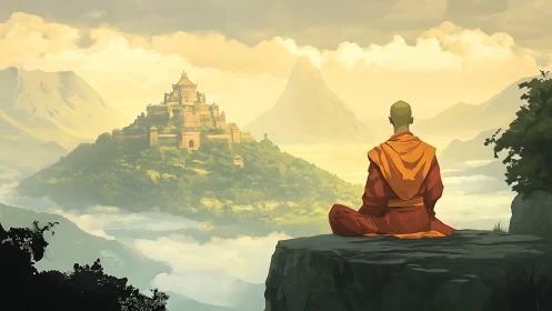Monk in sunrise silence gazes toward misty mountain temple.