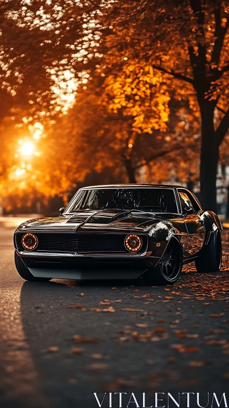 Restomod muscle coupe under autumnal bokeh sunlight glow.