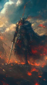 Armored figure stands on volcanic terrain under dense clouds