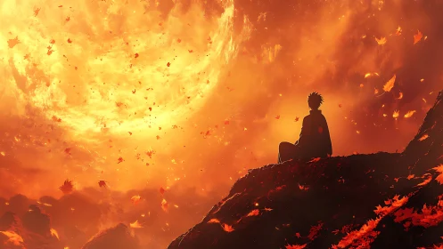 Lone watcher on ember cliffs beneath a burning autumn sun.