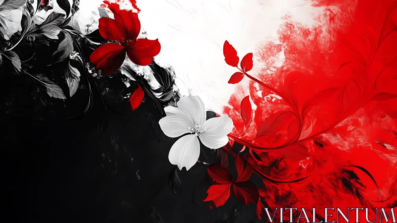 Abstract Red Blooms Split Composition Black White Contrast