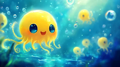 Cartoon yellow octopus characters drift in stylized water