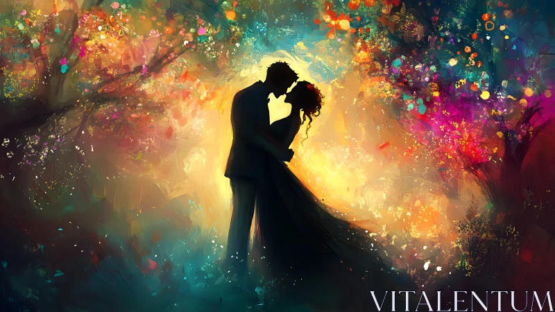 Silhouetted Embrace: Romantic Couple Dancing in Vibrant Luminous Bokeh.