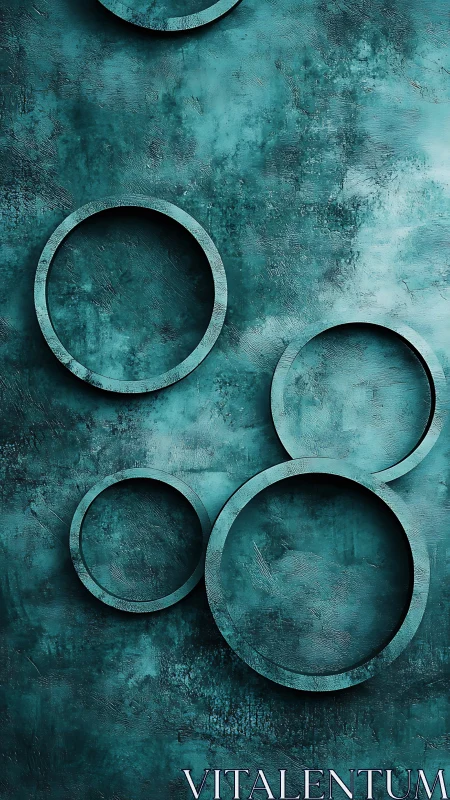 Turquoise circular relief forms on textured abstract wall.