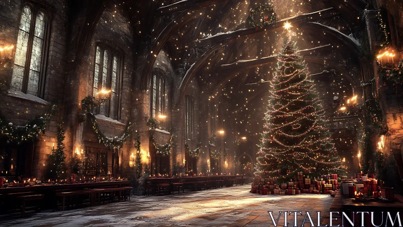 Cathedral hall glows around towering, spellbound Christmas tree.