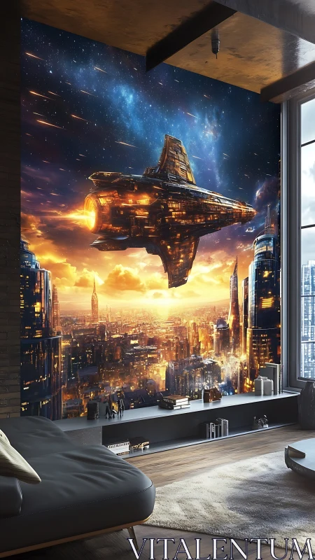 Futuristic wall mural with glowing starship above cityscape.