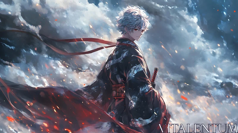 Stoic anime swordsman framed by storm and embers.